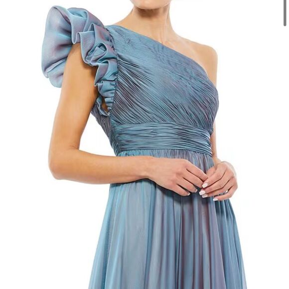 Nwt Mac Duggal Organza One Shoulder Pleated Tiered Ruffle Gown Fusion Blue Dress - Picture 2 of 11